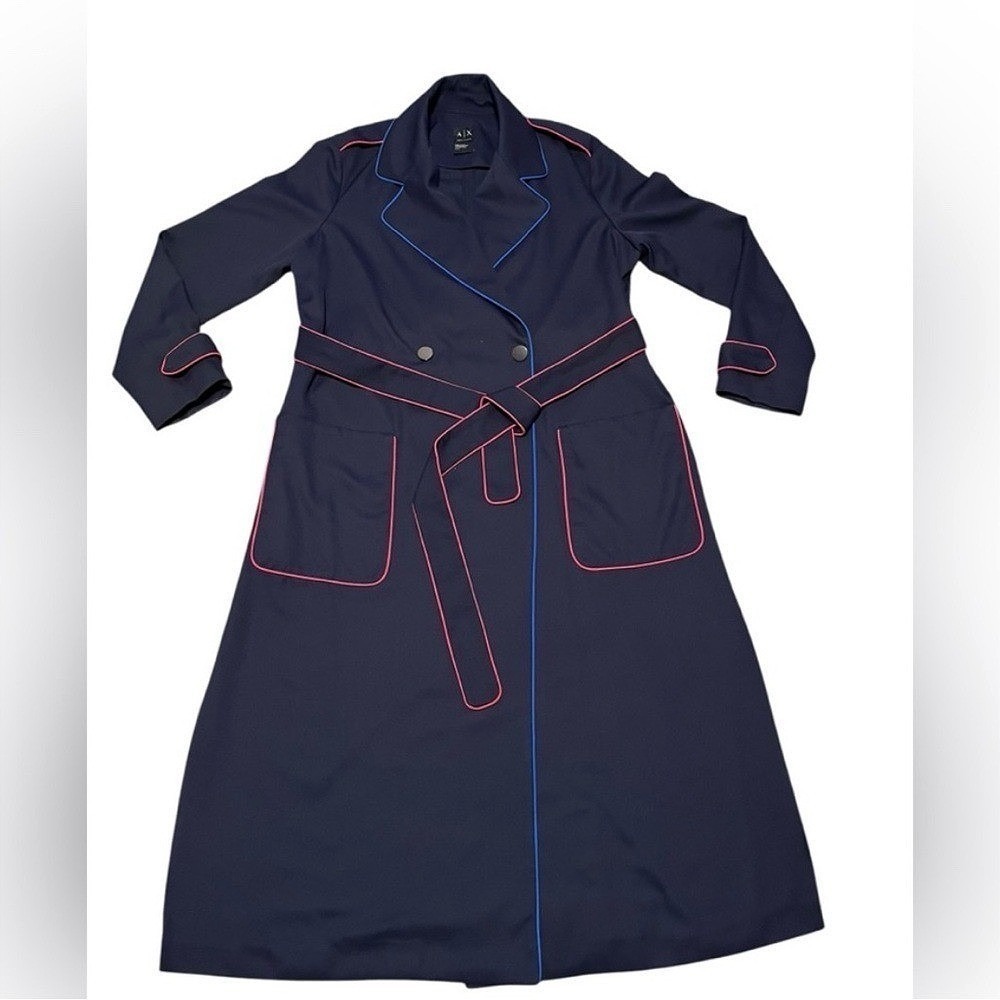 Armani Exchange Womens Navy Blue Contrast Piping Maxi Trench Coat Jacket Large